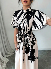 Shein Elenzga Women Apricot Printed Cap Sleeve Ruffle Trim Tie-Waist Vacation Style Round Neck Casual Dress