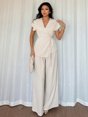 Shein Elenzga Women's Elegant Butterfly Sleeve Wrap Top And Wide Leg Loose Pants 2 Pieces Set