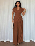 Shein Elenzga Women's Bohemian Elegant Wrap-Style Batwing Sleeve Top & Wide Leg Loose Pants 2 Pieces Set Chiffon Suit