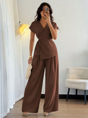Shein Elenzga Women's Elegant Wrap Batwing Sleeve Blouse and Loose Wide Leg Pants 2 Pieces Set