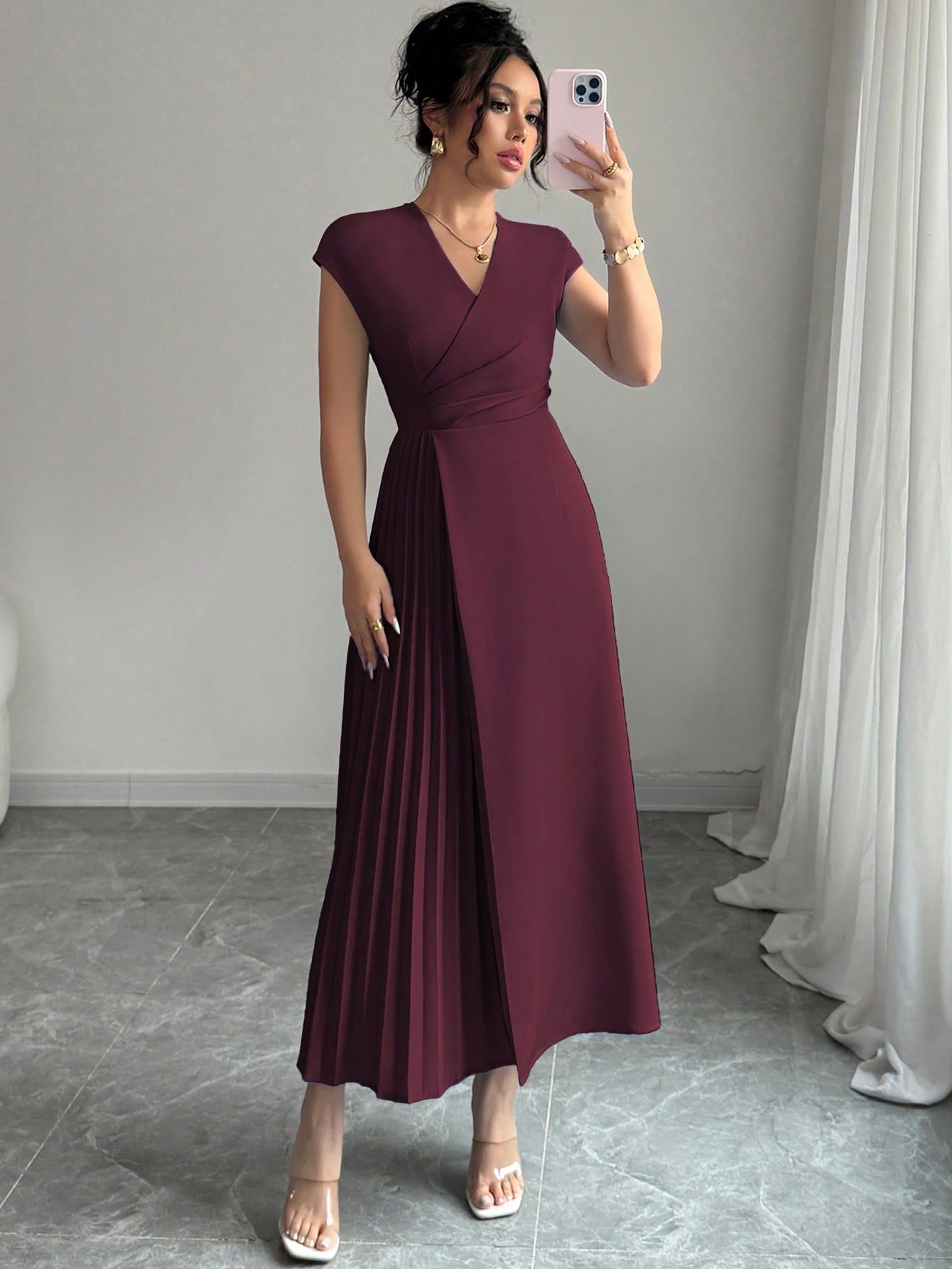 Shein Elenzga Women's Elegant Minimalist Solid Color Crossed V-Neck Dress