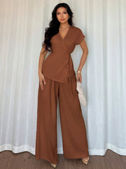 Shein Elenzga Women's Bohemian Elegant Wrap-Style Batwing Sleeve Top & Wide Leg Loose Pants 2 Pieces Set Chiffon Suit