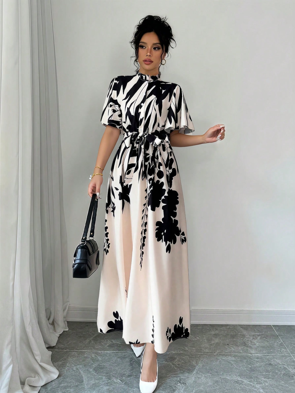 Shein Elenzga Women Apricot Printed Cap Sleeve Ruffle Trim Tie-Waist Vacation Style Round Neck Casual Dress