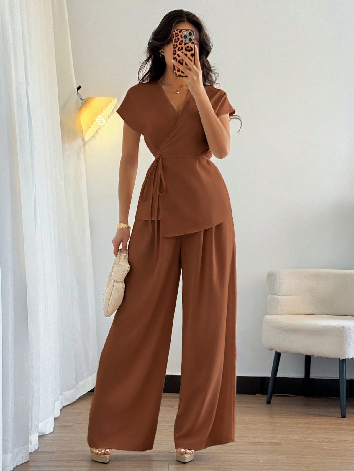 Shein Elenzga Women's Bohemian Elegant Wrap-Style Batwing Sleeve Top & Wide Leg Loose Pants 2 Pieces Set Chiffon Suit