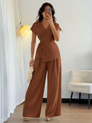 Shein Elenzga Women's Bohemian Elegant Wrap-Style Batwing Sleeve Top & Wide Leg Loose Pants 2 Pieces Set Chiffon Suit
