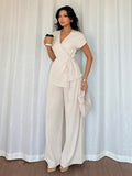 Shein Elenzga Women's Elegant Butterfly Sleeve Wrap Top And Wide Leg Loose Pants 2 Pieces Set