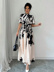 Shein Elenzga Women Apricot Printed Cap Sleeve Ruffle Trim Tie-Waist Vacation Style Round Neck Casual Dress