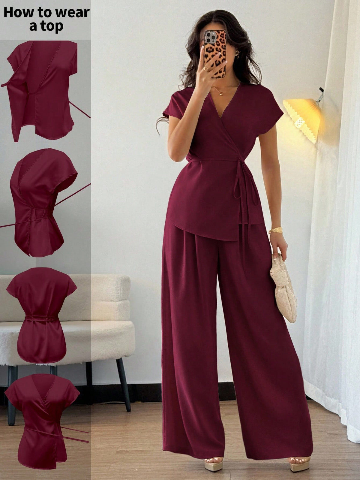 Shein Elenzga Women's Summer Vacation Date Elegant Wrap Batwing Short Sleeve Blouse & Wide Leg Palazzo Pants 2 Pieces Set