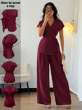 Shein Elenzga Women's Summer Vacation Date Elegant Wrap Batwing Short Sleeve Blouse & Wide Leg Palazzo Pants 2 Pieces Set