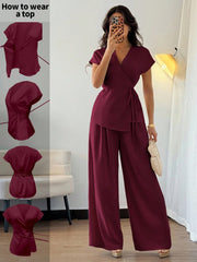 Shein Elenzga Women's Summer Vacation Date Elegant Wrap Batwing Short Sleeve Blouse & Wide Leg Palazzo Pants 2 Pieces Set