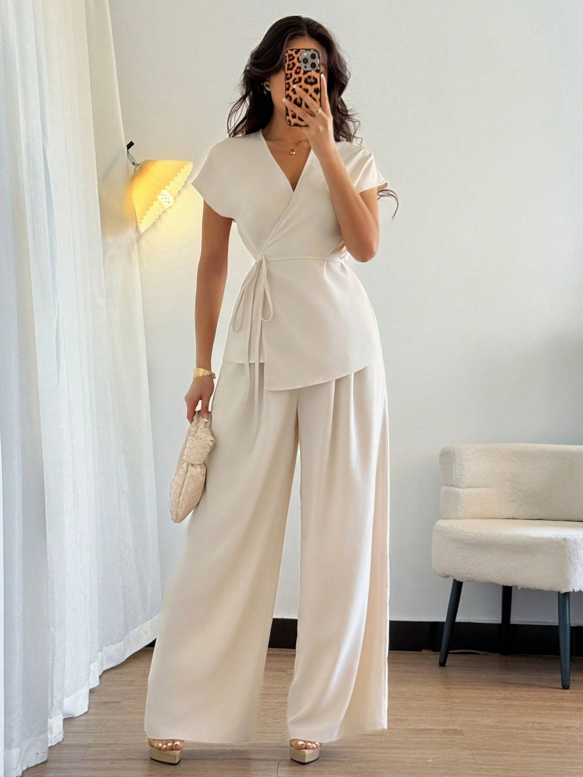 Shein Elenzga Women's Elegant Butterfly Sleeve Wrap Top And Wide Leg Loose Pants 2 Pieces Set