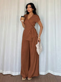 Shein Elenzga Women's Bohemian Elegant Wrap-Style Batwing Sleeve Top & Wide Leg Loose Pants 2 Pieces Set Chiffon Suit