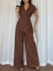 Shein Elenzga Women's Elegant Wrap Batwing Sleeve Blouse and Loose Wide Leg Pants 2 Pieces Set