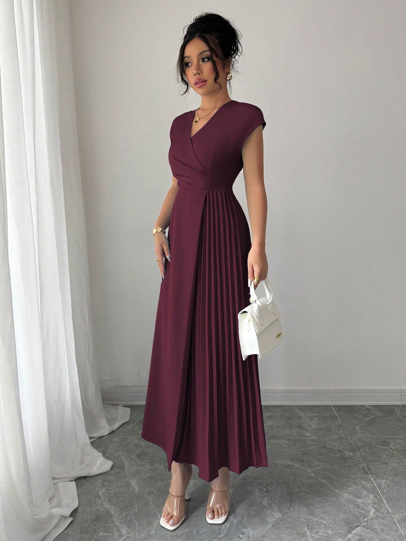 Shein Elenzga Women's Elegant Minimalist Solid Color Crossed V-Neck Dress