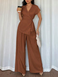Shein Elenzga Women's Bohemian Elegant Wrap-Style Batwing Sleeve Top & Wide Leg Loose Pants 2 Pieces Set Chiffon Suit