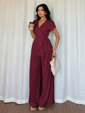 Shein Elenzga Women's Summer Vacation Date Elegant Wrap Batwing Short Sleeve Blouse & Wide Leg Palazzo Pants 2 Pieces Set