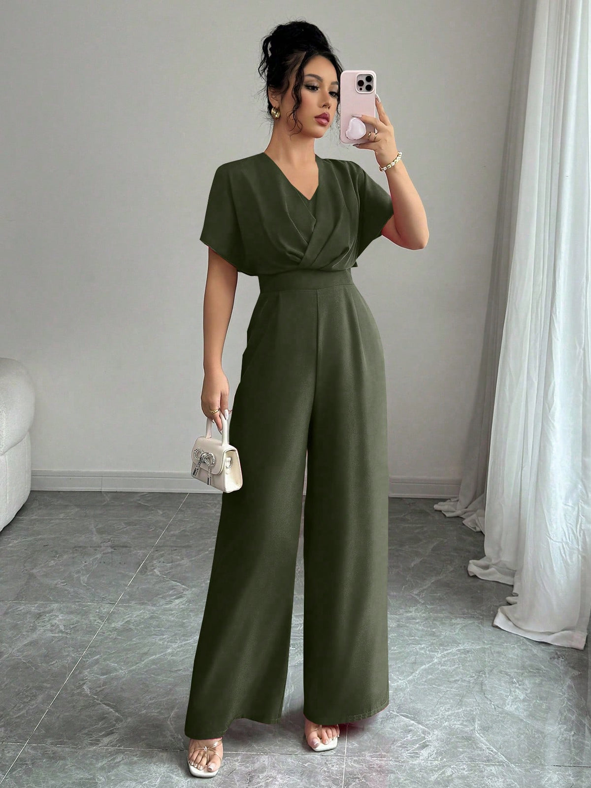 Shein Elenzga 1pc Women's Solid Color Waist Gathering Elegant Jumpsuit
