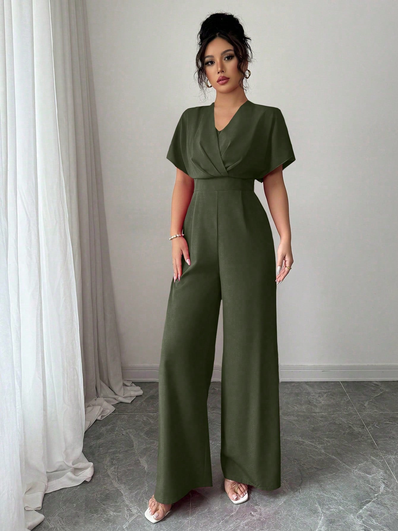 Shein Elenzga 1pc Women's Solid Color Waist Gathering Elegant Jumpsuit