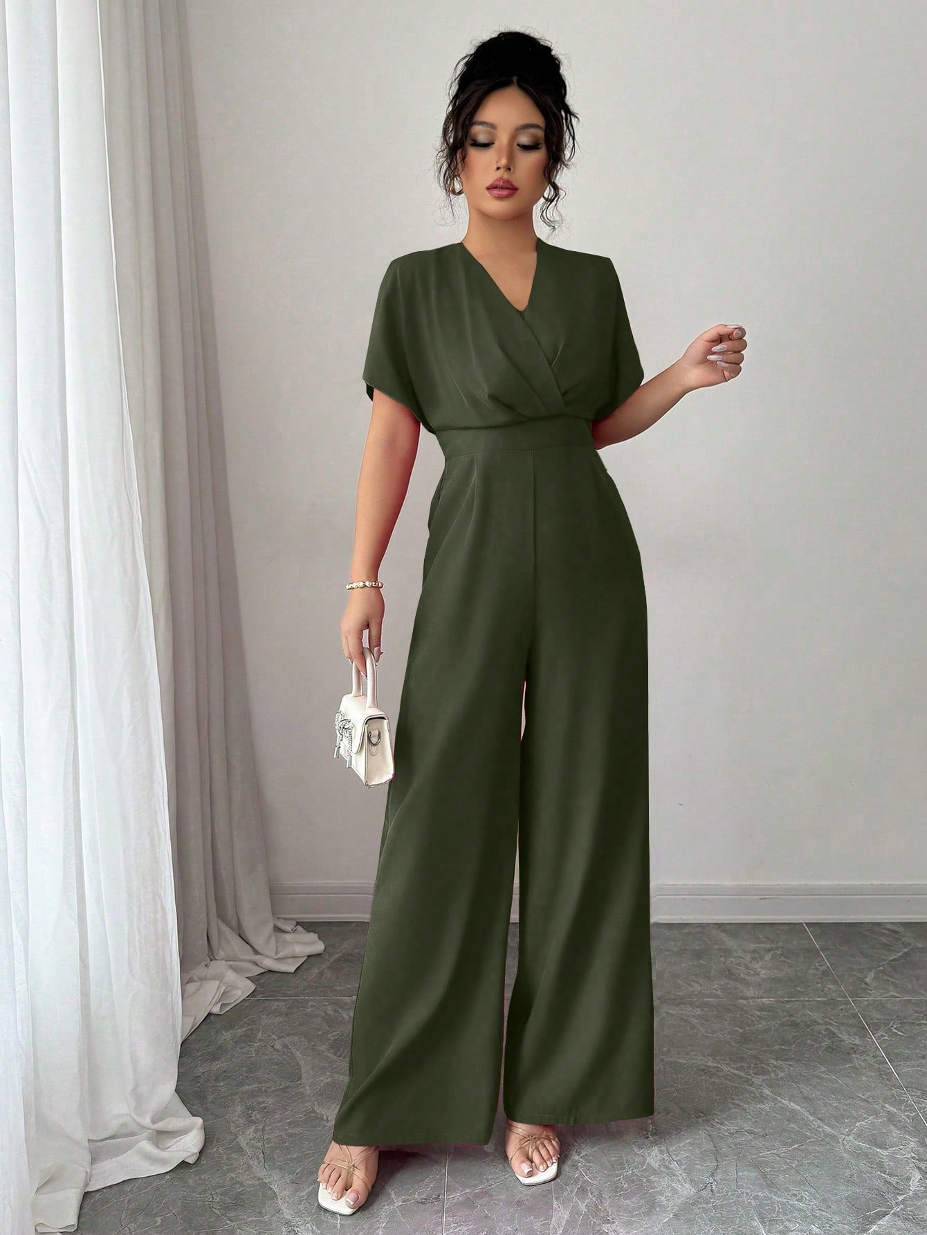 Shein Elenzga 1pc Women's Solid Color Waist Gathering Elegant Jumpsuit
