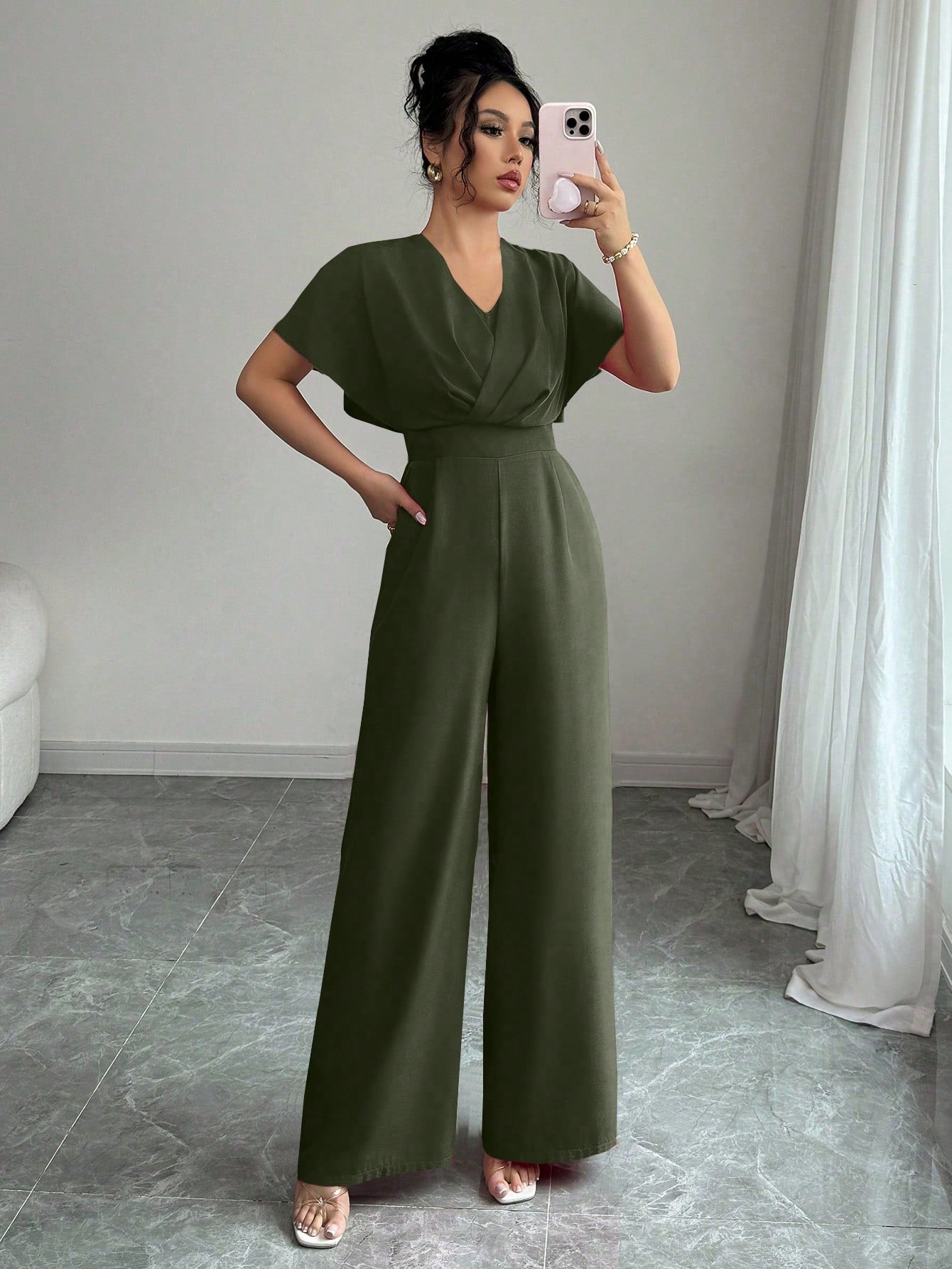 Shein Elenzga 1pc Women's Solid Color Waist Gathering Elegant Jumpsuit