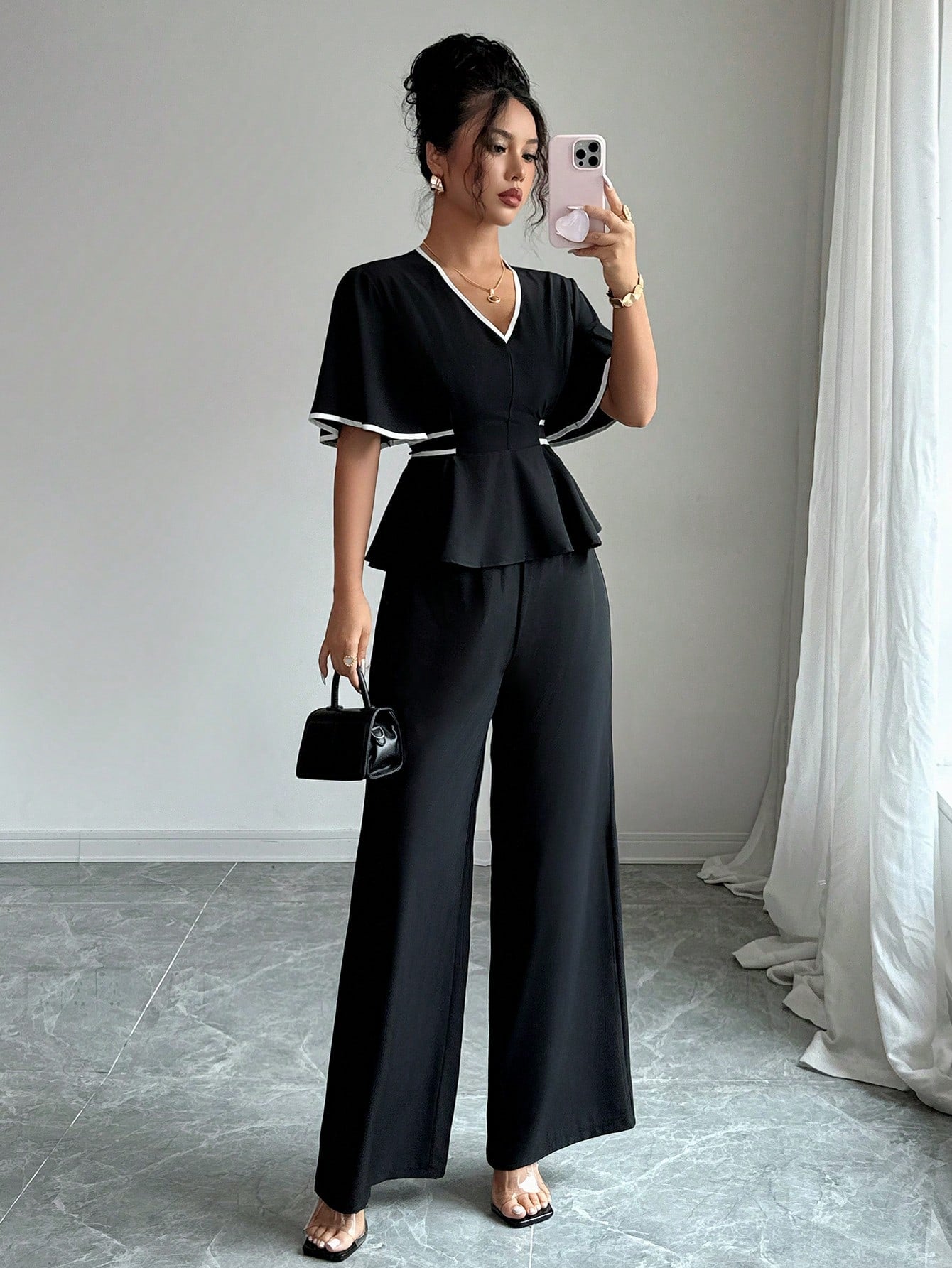 Shein Elenzga Elegant Solid Color Waist Fitted Shirt & Straight Leg Pants 2 Pieces Set