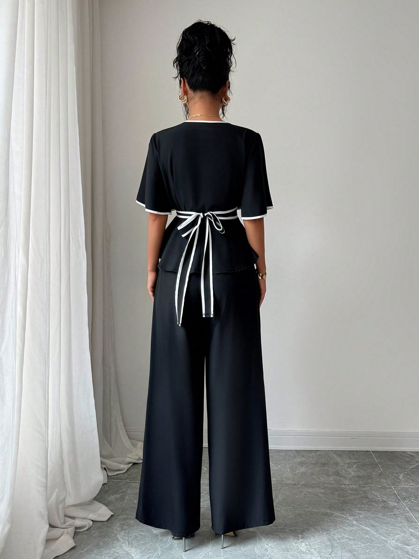 Shein Elenzga Elegant Solid Color Waist Fitted Shirt & Straight Leg Pants 2 Pieces Set