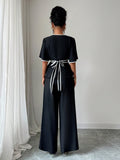 Shein Elenzga Elegant Solid Color Waist Fitted Shirt & Straight Leg Pants 2 Pieces Set