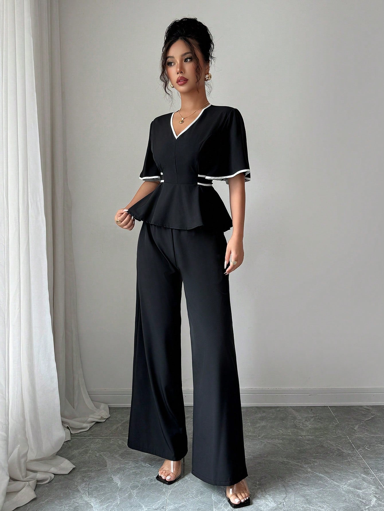 Shein Elenzga Elegant Solid Color Waist Fitted Shirt & Straight Leg Pants 2 Pieces Set