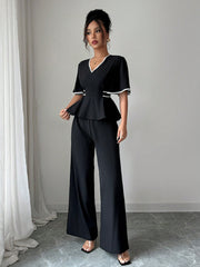 Shein Elenzga Elegant Solid Color Waist Fitted Shirt & Straight Leg Pants 2 Pieces Set