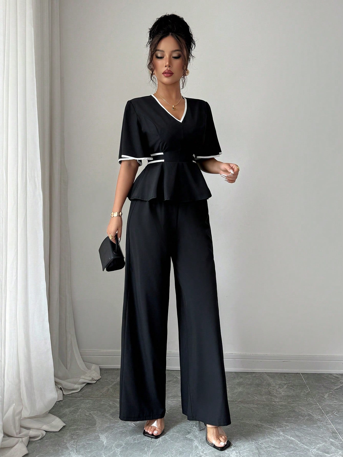 Shein Elenzga Elegant Solid Color Waist Fitted Shirt & Straight Leg Pants 2 Pieces Set