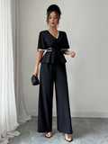 Shein Elenzga Elegant Solid Color Waist Fitted Shirt & Straight Leg Pants 2 Pieces Set