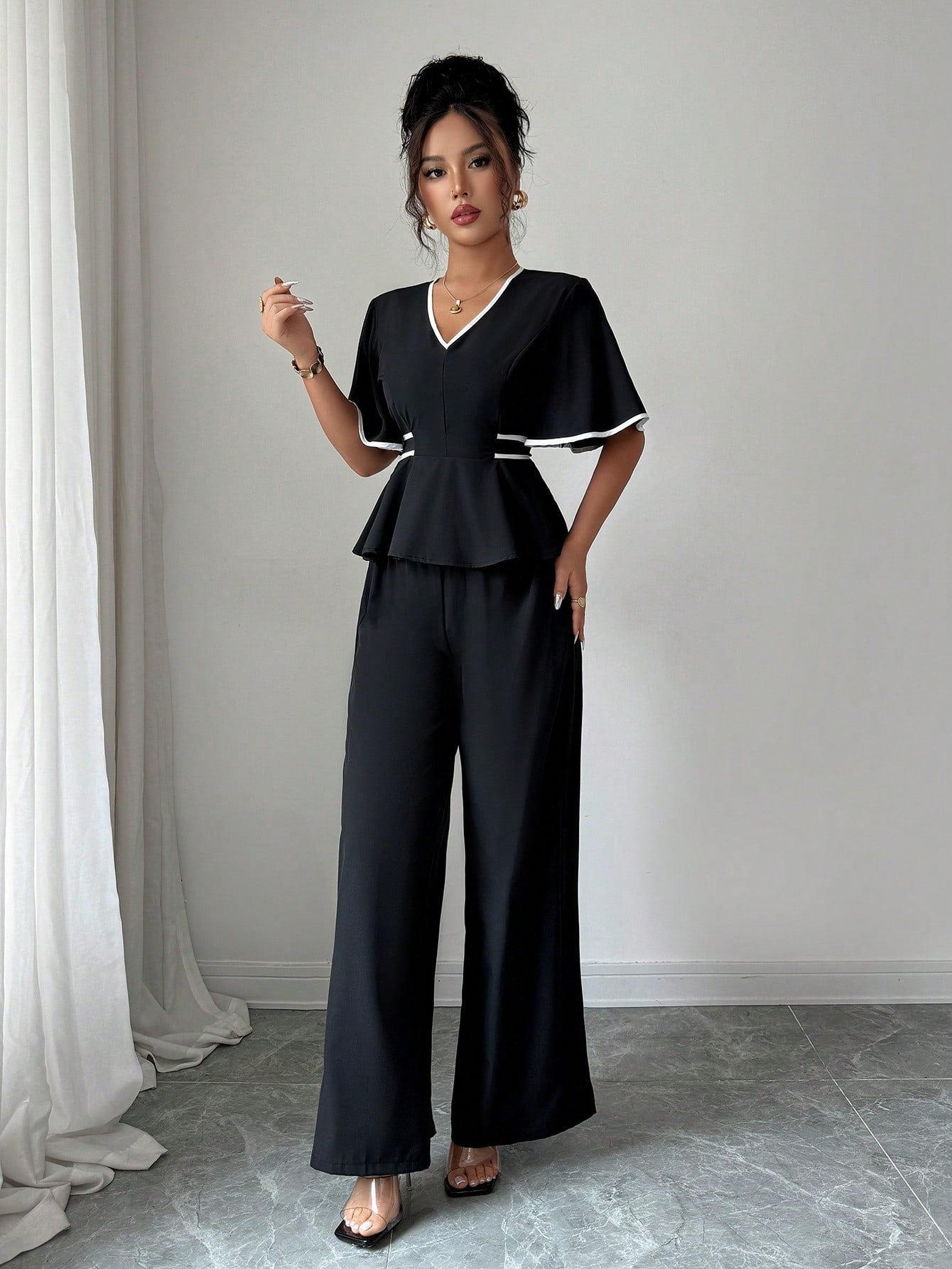 Shein Elenzga Elegant Solid Color Waist Fitted Shirt & Straight Leg Pants 2 Pieces Set