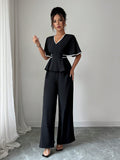 Shein Elenzga Elegant Solid Color Waist Fitted Shirt & Straight Leg Pants 2 Pieces Set