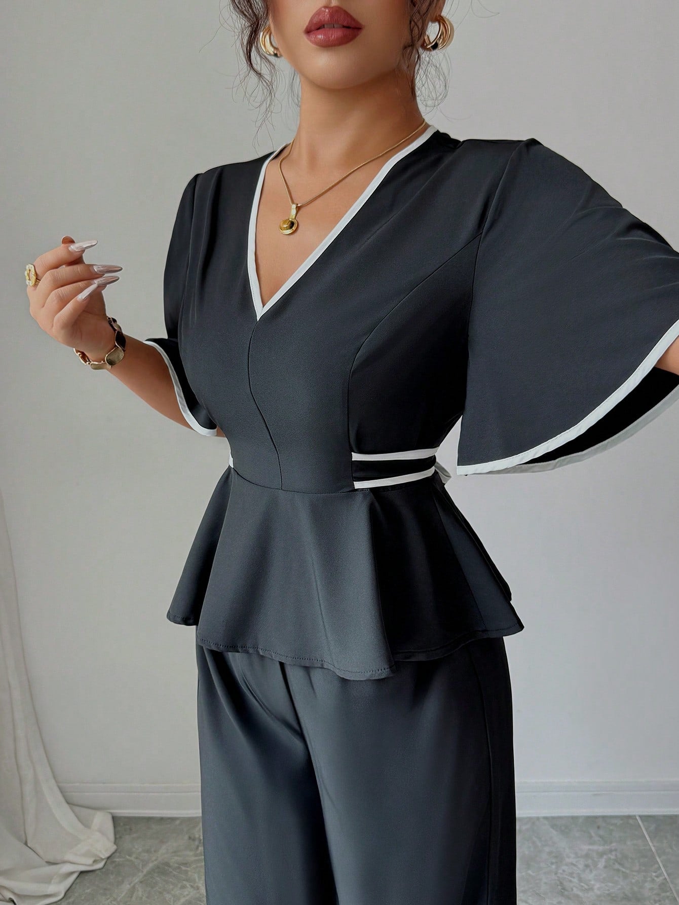 Shein Elenzga Elegant Solid Color Waist Fitted Shirt & Straight Leg Pants 2 Pieces Set