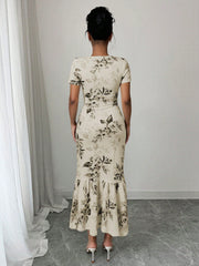 Shein Elenzga Romantic Floral Print Pleated Round Neck Short Sleeve Dress