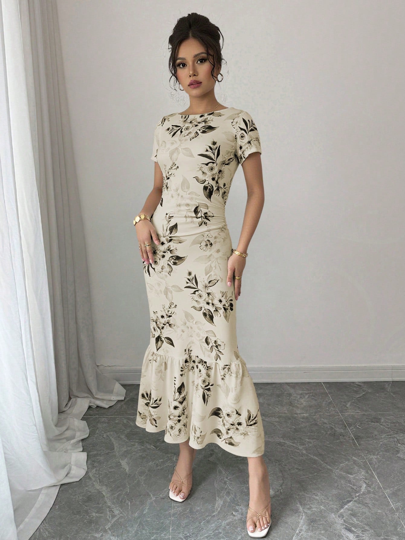 Shein Elenzga Romantic Floral Print Pleated Round Neck Short Sleeve Dress