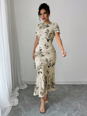 Shein Elenzga Romantic Floral Print Pleated Round Neck Short Sleeve Dress