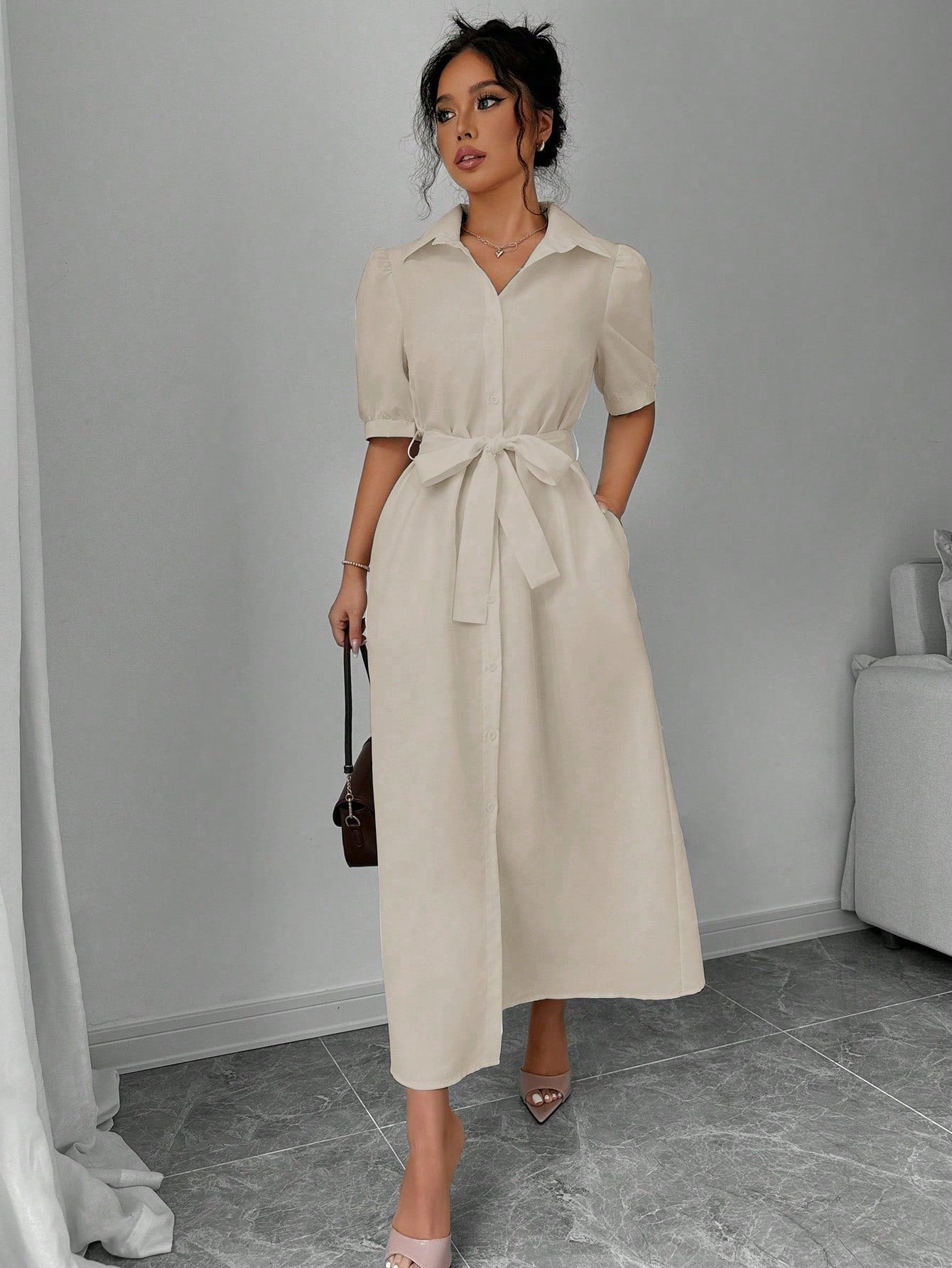 Shein Elenzga Solid Puff Sleeve Belted Shirt Dress