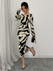 Pattern Flared Sleeve Knitted Sweater Dress