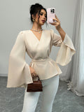 Shein Elenzga Women Solid Color V-Neck Cross Wrap Tie Front Flare Sleeve Split Hem Elegant Blouse