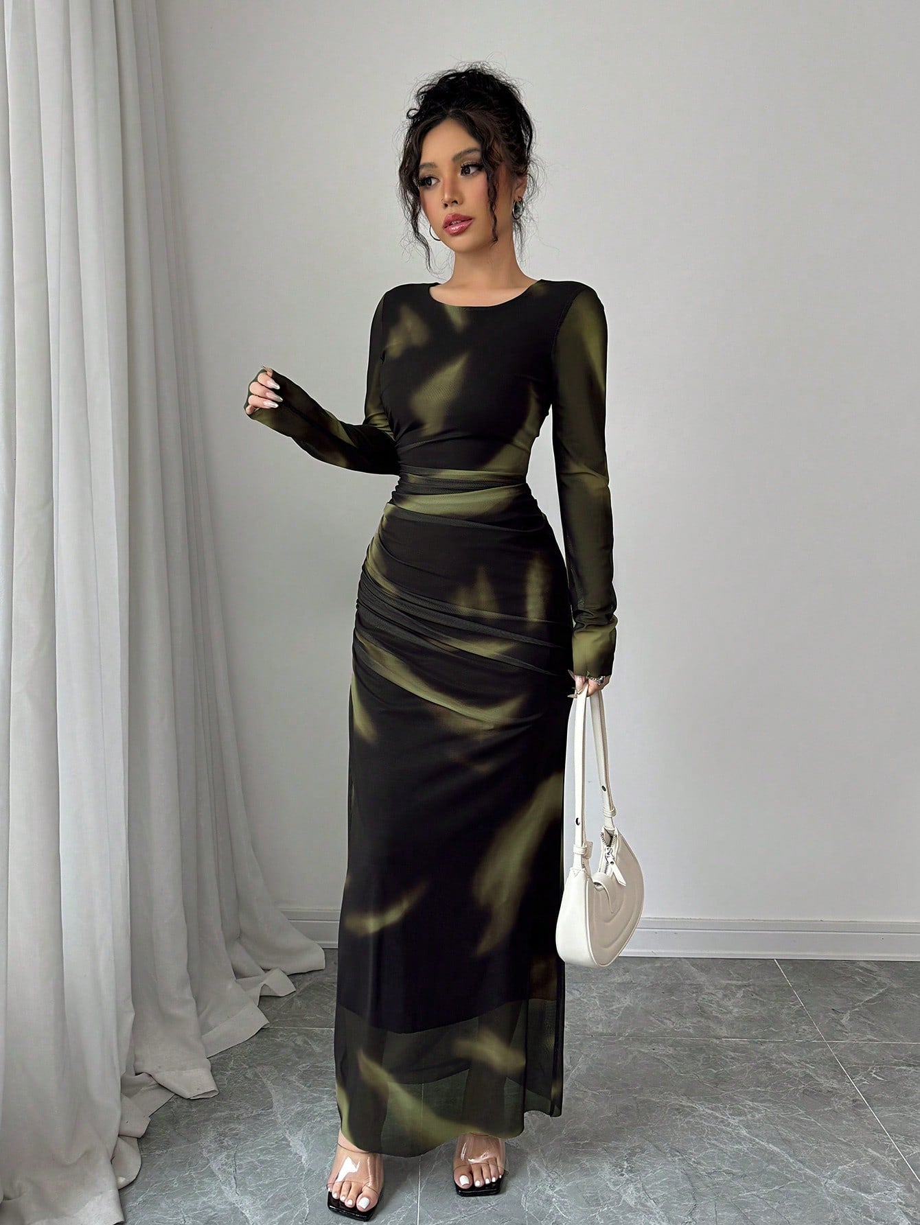 Shein Elenzga Women's Elegant Elastic Ombre Printed Mesh Ruched Bodycon Maxi Dress
