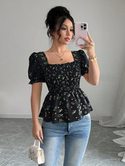 Shein Elenzga Women's Elegant Mini Ditsy Floral Slim Fit Blouse