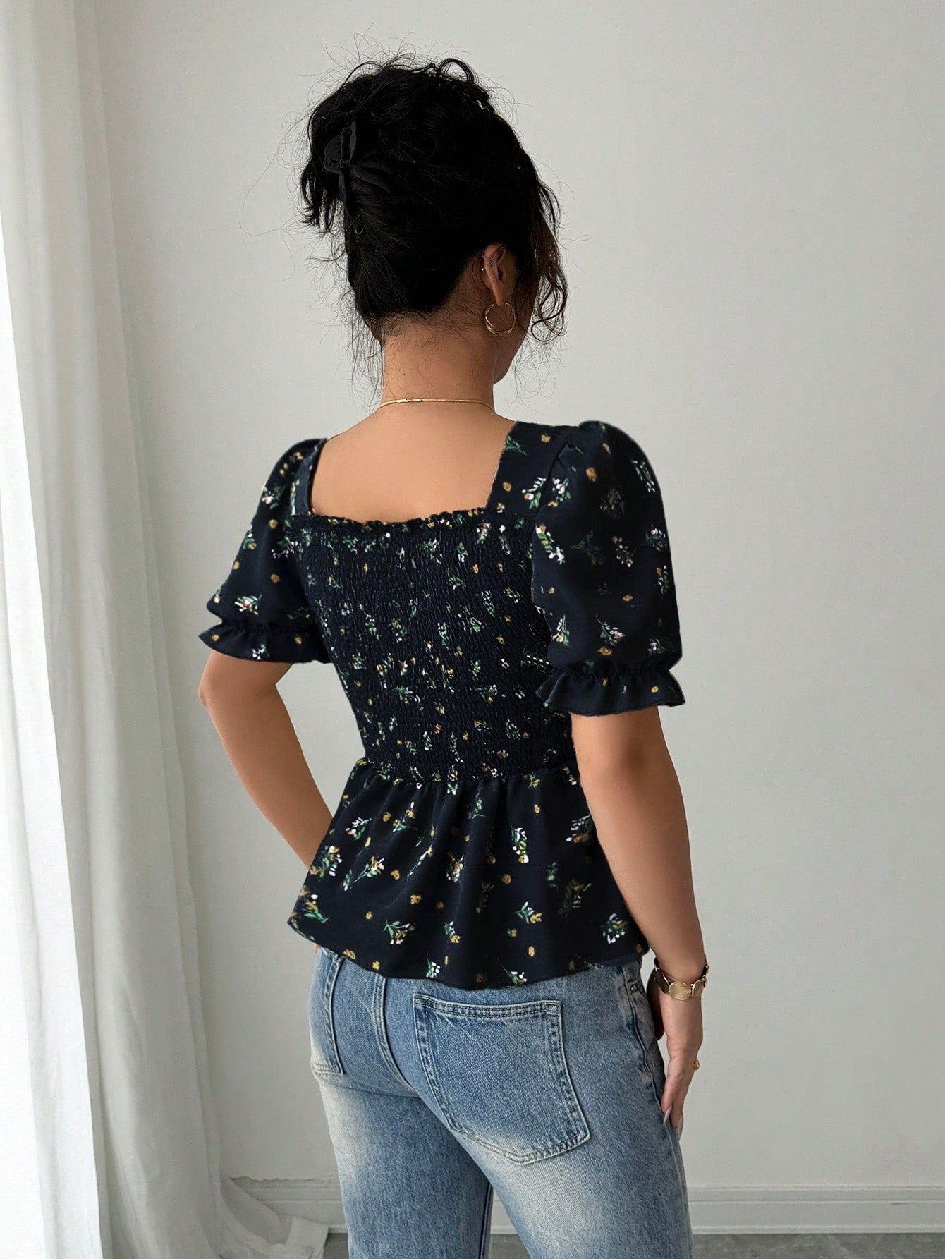 Shein Elenzga Women's Elegant Mini Ditsy Floral Slim Fit Blouse