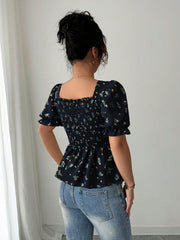 Shein Elenzga Women's Elegant Mini Ditsy Floral Slim Fit Blouse