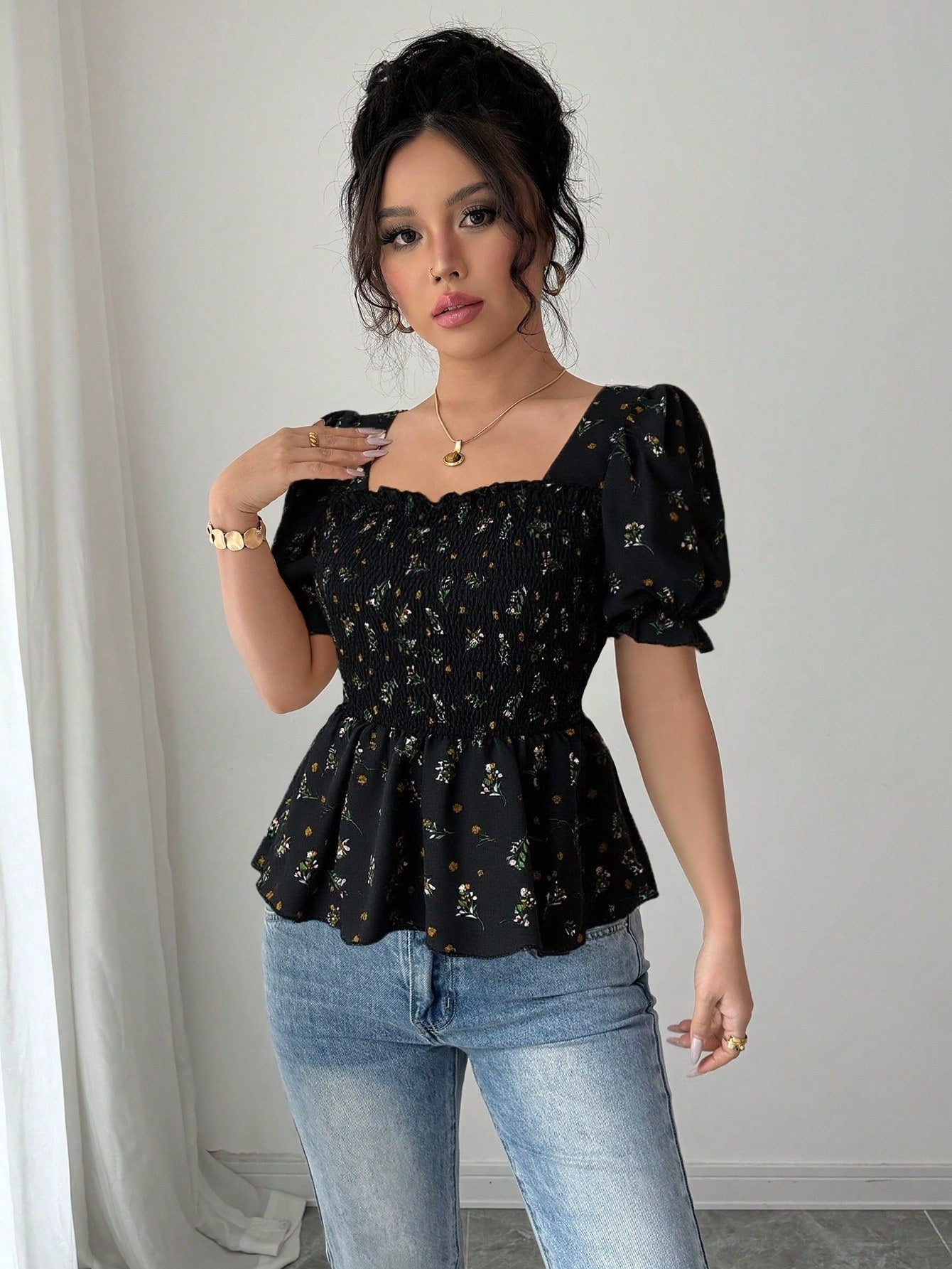 Shein Elenzga Women's Elegant Mini Ditsy Floral Slim Fit Blouse