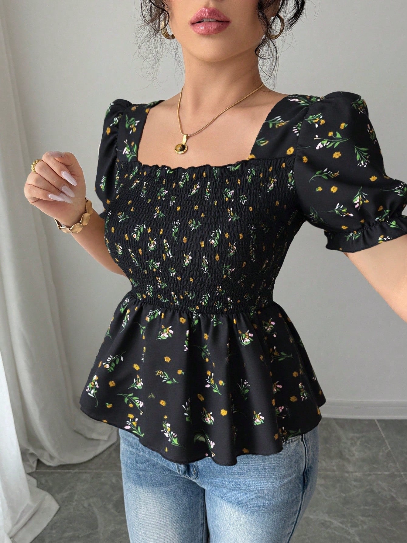 Shein Elenzga Women's Elegant Mini Ditsy Floral Slim Fit Blouse