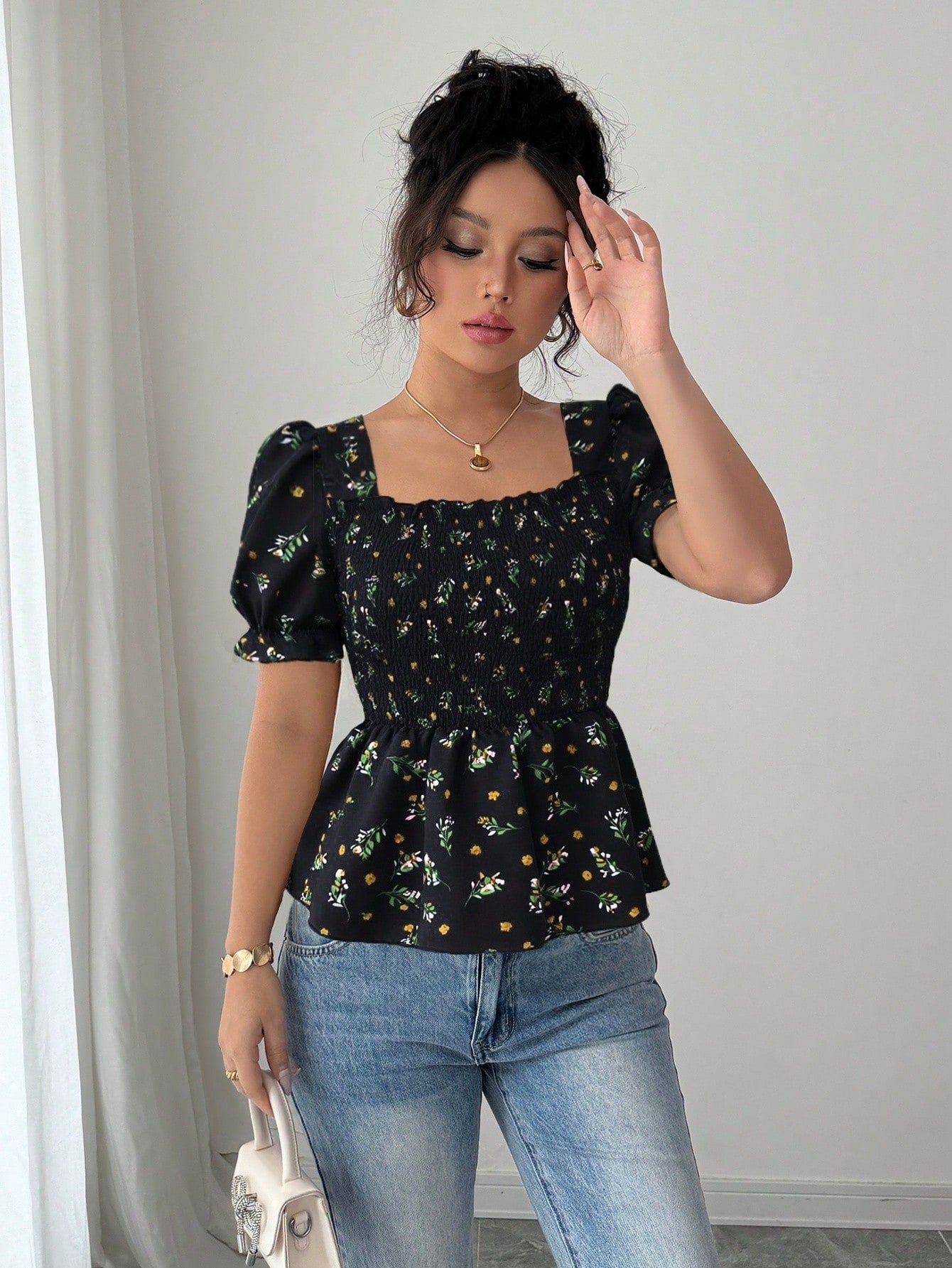 Shein Elenzga Women's Elegant Mini Ditsy Floral Slim Fit Blouse