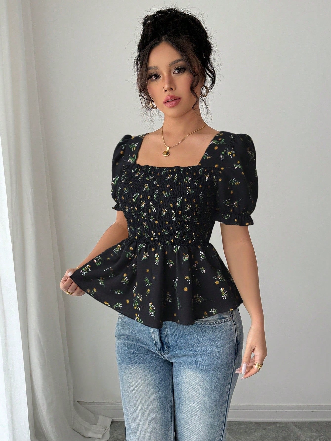 Shein Elenzga Women's Elegant Mini Ditsy Floral Slim Fit Blouse