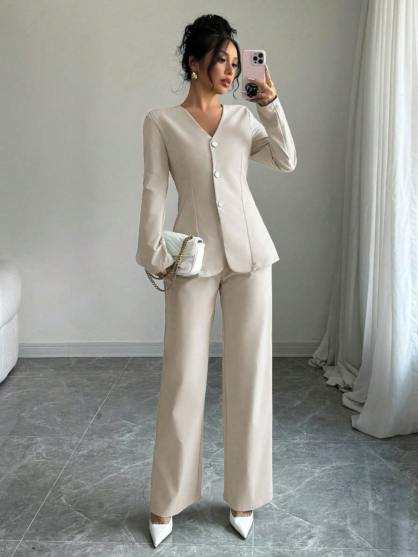 Shein Elenzga Women's Fashion Casual Solid Color V-Neck Long Sleeve Top & Pants Suit