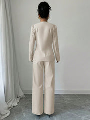 Shein Elenzga Women's Fashion Casual Solid Color V-Neck Long Sleeve Top & Pants Suit